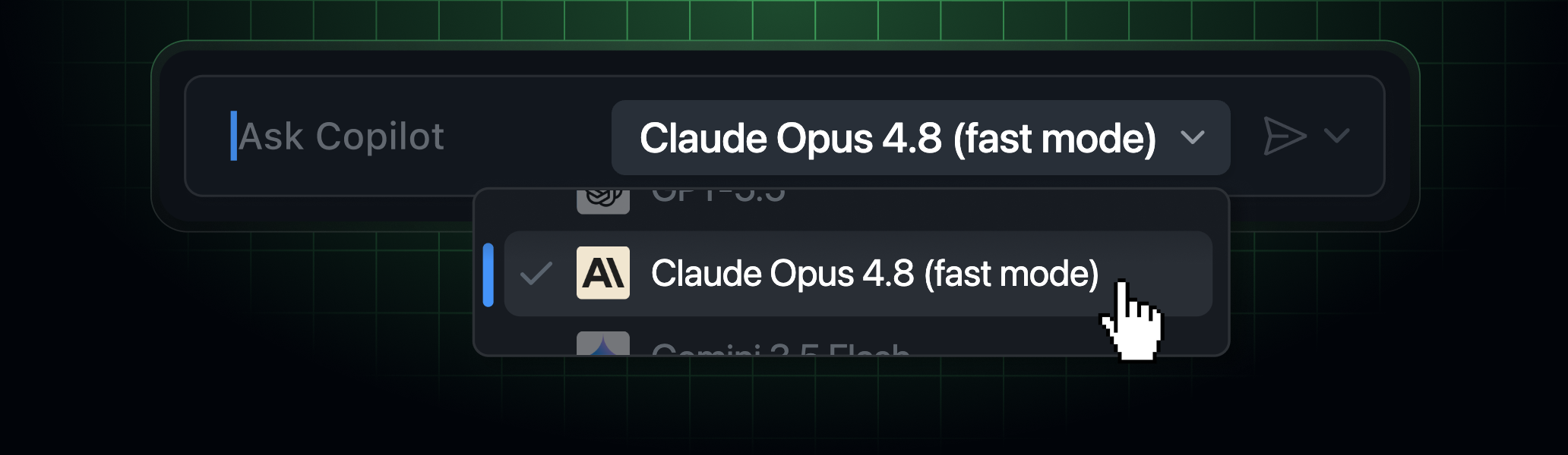 GitHub Copilot model picker showing Claude Opus 4.8 fast mode