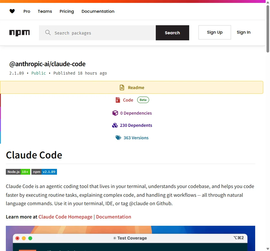 The @anthropic-ai/claude-code npm package page showing the publicly listed package from which source maps were accidentally exposed in version 2.1.88