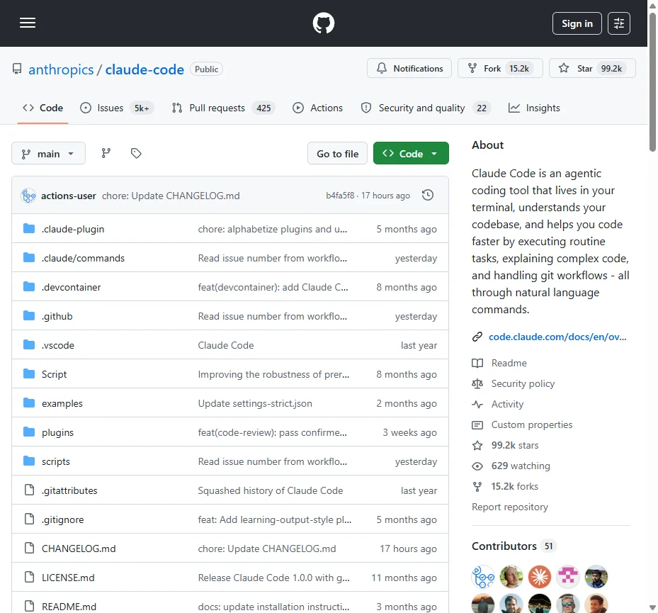 The official anthropics/claude-code GitHub repository with 99.2k stars showing the open-source project whose internal architecture was revealed through the npm source map leak